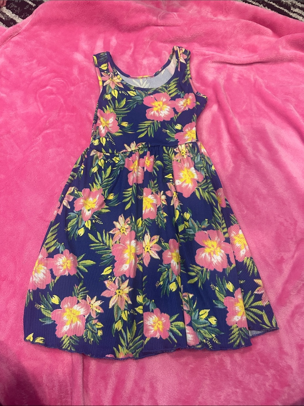 Girls Navy Floral Tank Dress with Pink Flowers